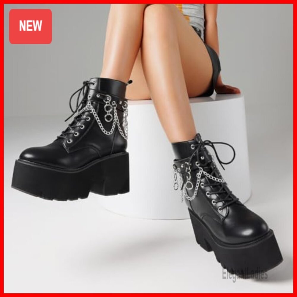 Platform Combat Boots with Detachable Chain, Chunky Heel, Lace Up & Zipper - Picture 6 of 7
